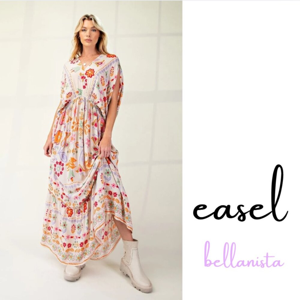 2216 EASEL Stone Dolman Sleeve Printed Maxi Dress